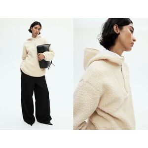 H&M Faux Shearling Oversized Jacket Teddy Half Zip Cream Ivory Cozy Warm Fall M